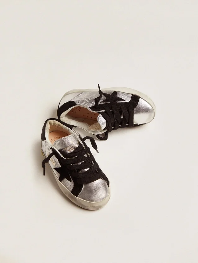 Sneakers Super-Star en cuir argenté avec empiècements en daim