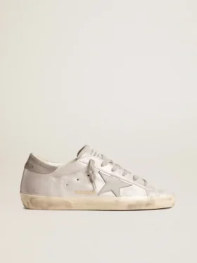 Sneakers Super-Star en cuir gris-blanc à effet pailleté avec étoile en cuir