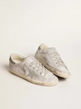 Sneakers Super-Star en cuir gris-blanc à effet pailleté avec étoile en cuir
