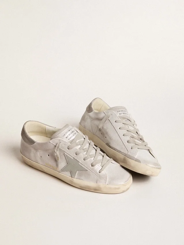 Sneakers Super-Star en cuir gris-blanc à effet pailleté avec étoile en cuir