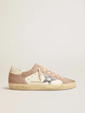 Sneakers Super-Star pour femme en daim rose avec étoile en cuir métallisé argenté