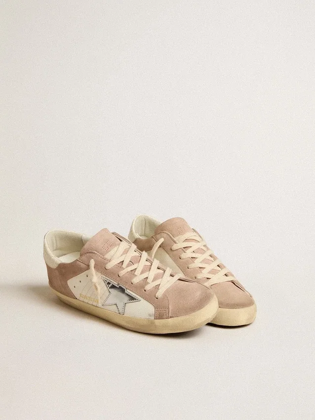 Sneakers Super-Star pour femme en daim rose avec étoile en cuir métallisé argenté