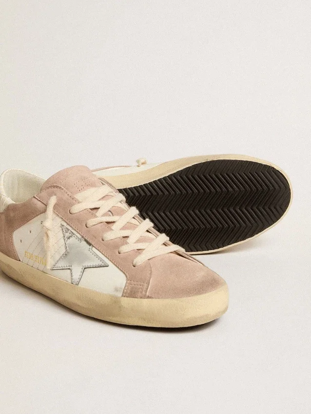 Sneakers Super-Star pour femme en daim rose avec étoile en cuir métallisé argenté