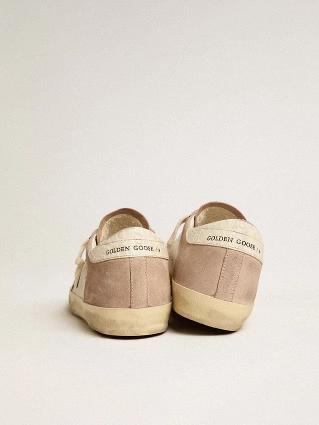 Sneakers Super-Star pour femme en daim rose avec étoile en cuir métallisé argenté