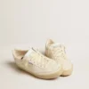 Soul Star en nappa blanc avec languette de talon en cuir argent métallisé