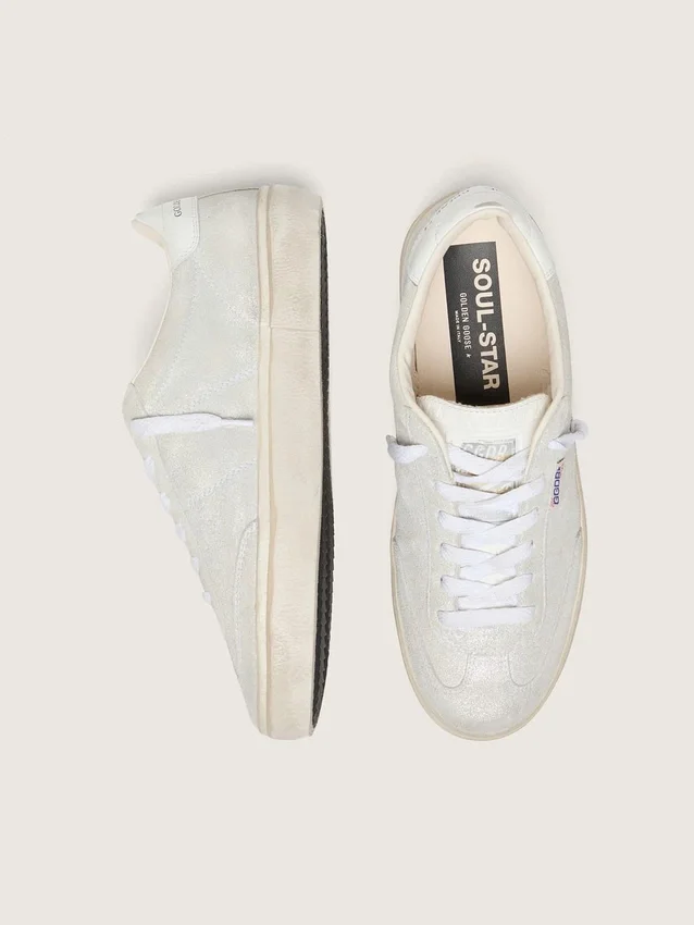 Soul Star pour femme en daim beige avec languette de talon en cuir blanc