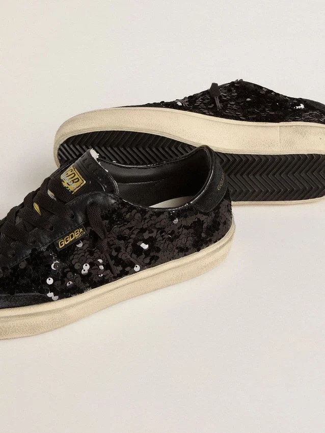 Soul Star pour femme en paillettes noires avec languette de talon en daim noir
