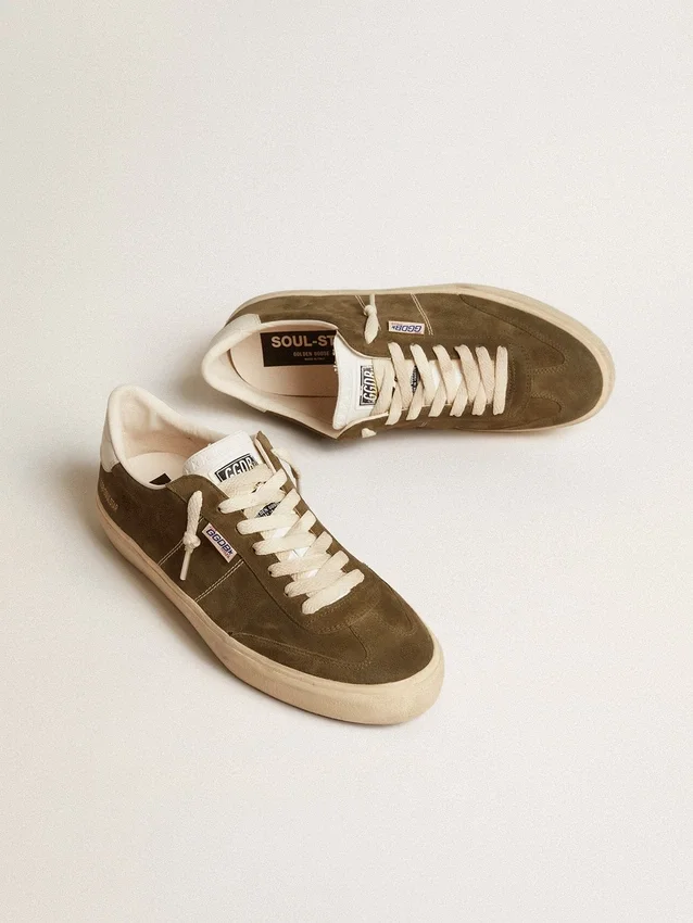 Soul Star pour homme en daim vert avec languette et talon en cuir blanc