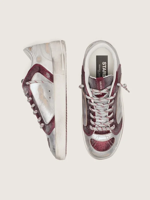 Stardan LAB pour femme en cuir bordeaux et argent pailleté