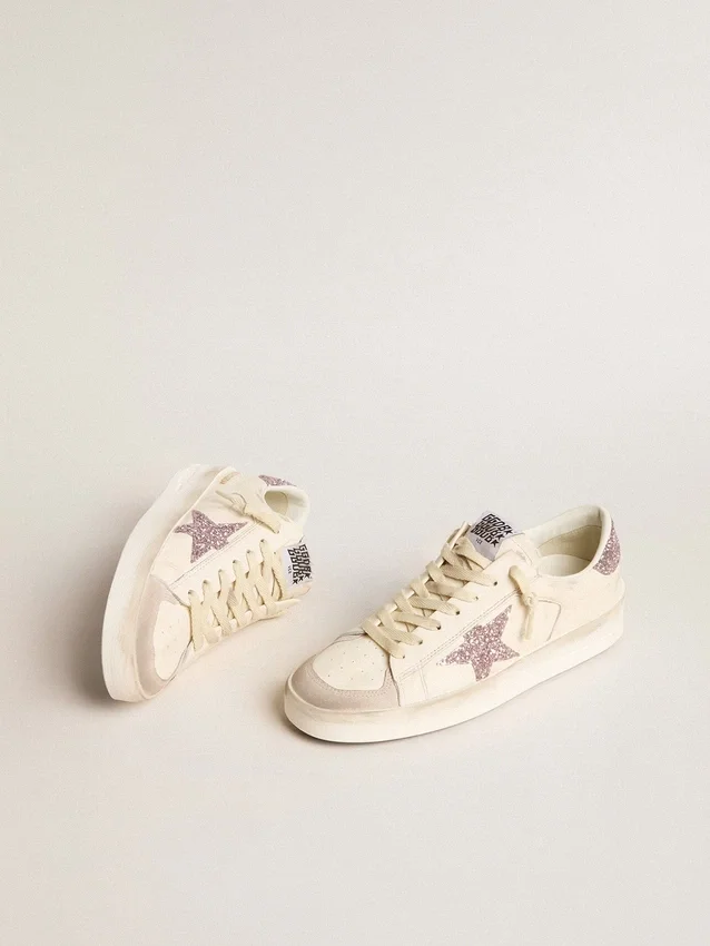 Stardan pour femme en cuir nappa et daim avec étoile pailletée rose et languette au talon