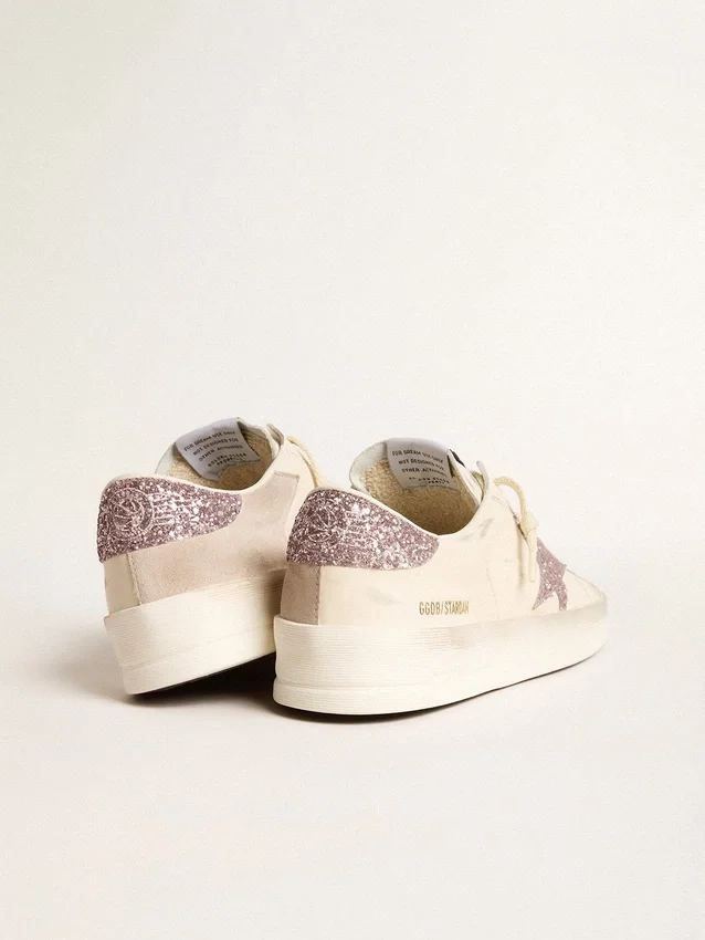 Stardan pour femme en cuir nappa et daim avec étoile pailletée rose et languette au talon
