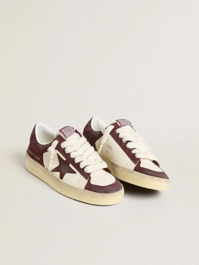 Stardan pour femme en nappa blanc avec étoile et languette au talon en daim bordeaux