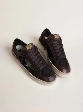 Stardan pour homme en daim marron et maille noire, avec une étoile en cuir blanc et des empiècements en cuir nappa