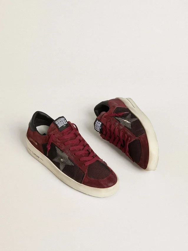 Stardan pour homme en mesh noir et daim bordeaux avec étoile en cuir blanc