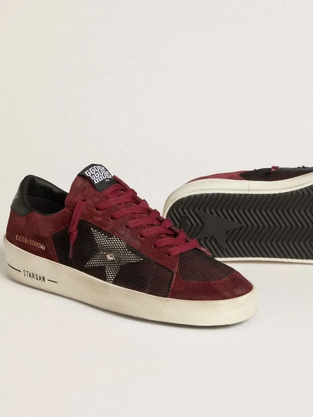 Stardan pour homme en mesh noir et daim bordeaux avec étoile en cuir blanc