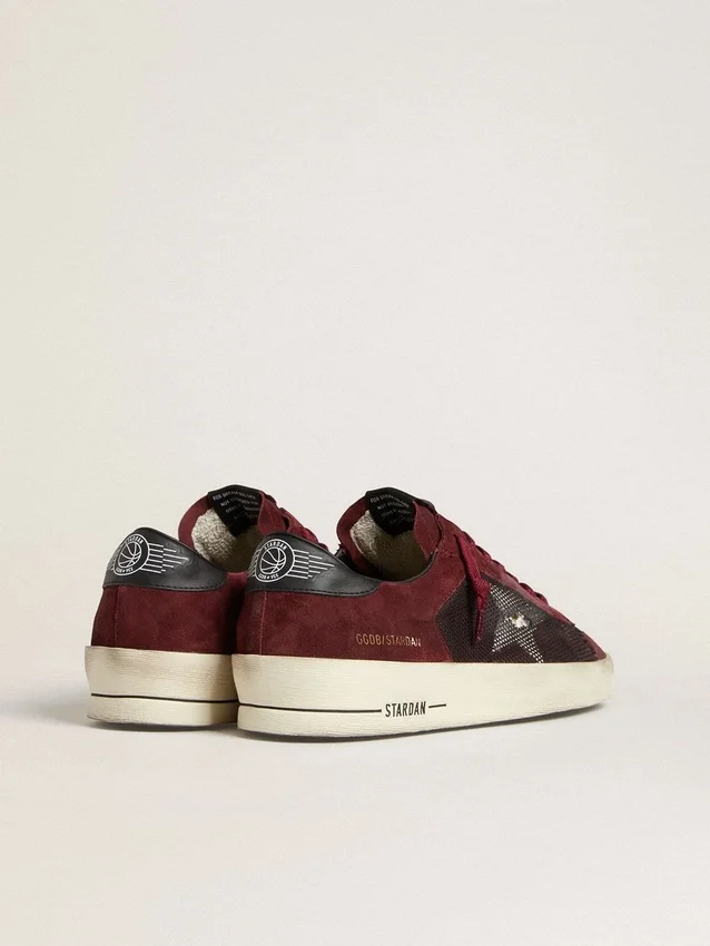 Stardan pour homme en mesh noir et daim bordeaux avec étoile en cuir blanc