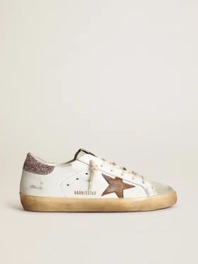 Super-Star avec une étoile beige et une languette de talon à paillettes roses