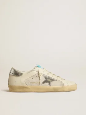 Super-Star en cuir et daim blancs avec une étoile en cuir argenté et doré