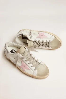 Super-Star en cuir pour femme avec étoile rose et languette de talon argentée