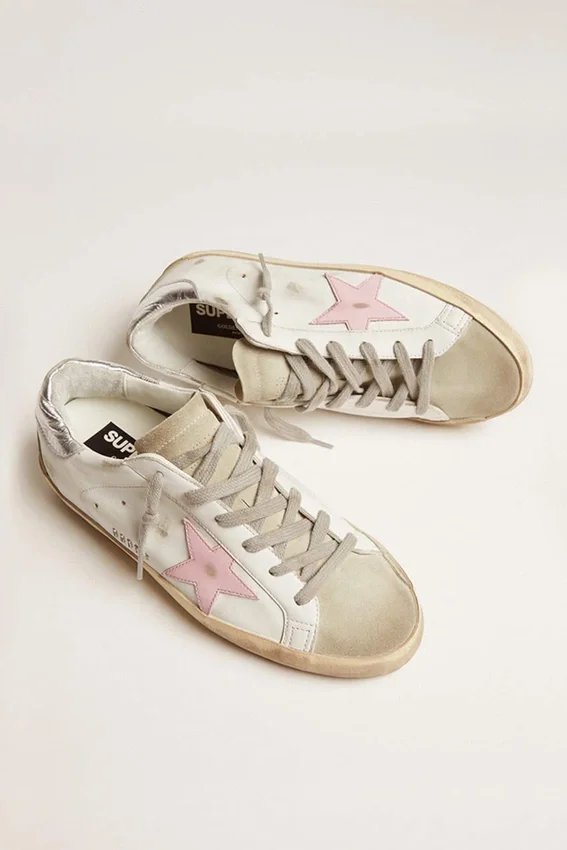 Super-Star en cuir pour femme avec étoile rose et languette de talon argentée