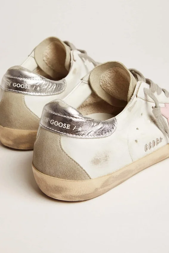 Super-Star en cuir pour femme avec étoile rose et languette de talon argentée
