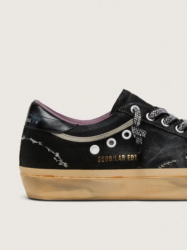 Super-Star LAB pour femme en daim laminé noir et nylon, avec étoile en relief et lacets ornés de cristaux