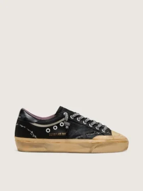 Super-Star LAB pour homme en daim laminé noir et nylon, avec étoile en relief et lacets ornés de cristaux