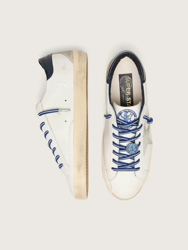 Super-Star LTD pour femme en cuir blanc avec étoile en daim et languette de talon en cuir bleu