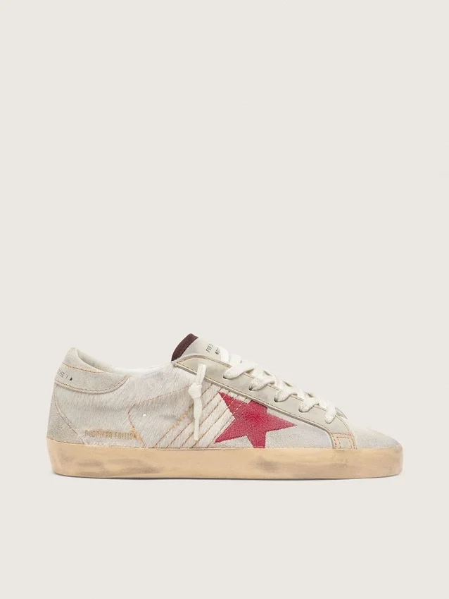 Super-Star LTD pour femme en cuir de poney blanc avec étoile en daim rouge