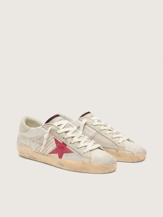 Super-Star LTD pour femme en cuir de poney blanc avec étoile en daim rouge