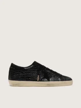 Super-Star LTD pour femme en cuir noir imprimé croco avec étoile et languette de talon en daim noir
