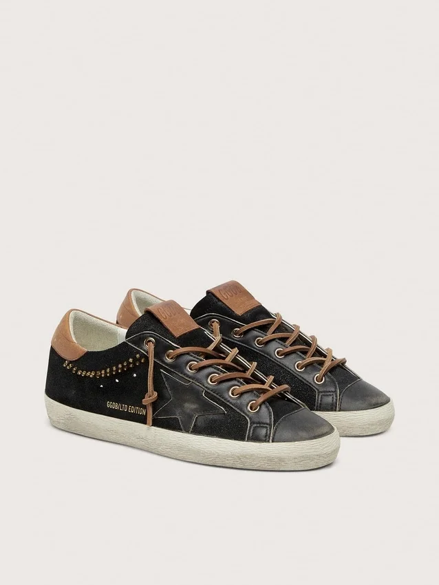 Super-Star LTD pour femme en cuir pailleté noir avec étoile en cuir noir