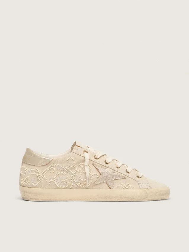Super-Star LTD pour femme en daim nacré avec étoile dorée et broderie de perles