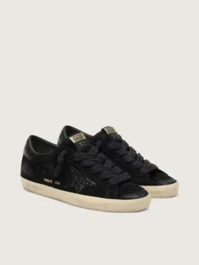 Super-Star LTD pour femme en daim noir avec étoile pailletée noire et languette de talon en cuir noir