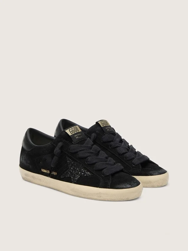 Super-Star LTD pour femme en daim noir avec étoile pailletée noire et languette de talon en cuir noir