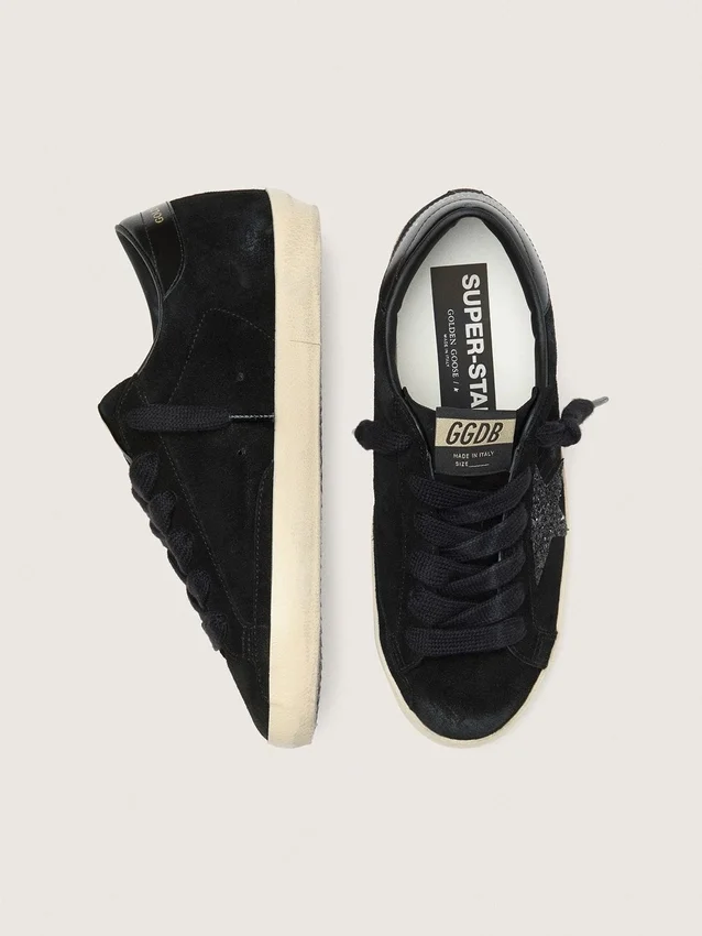 Super-Star LTD pour femme en daim noir avec étoile pailletée noire et languette de talon en cuir noir