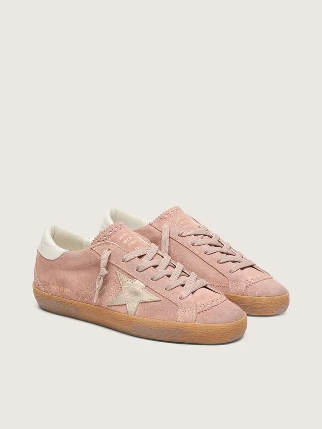 Super-Star LTD pour femme en daim rose avec étoile en cuir métallisé platine