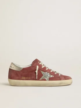 Super-Star LTD pour femme en daim rouge avec étoile pailletée argentée et languette de talon en cuir laminé