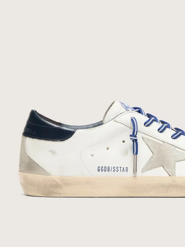 Super-Star LTD pour homme en cuir blanc avec étoile en daim et languette de talon en cuir bleu