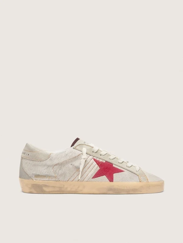 Super-Star LTD pour homme en cuir de poney blanc avec étoile en daim rouge