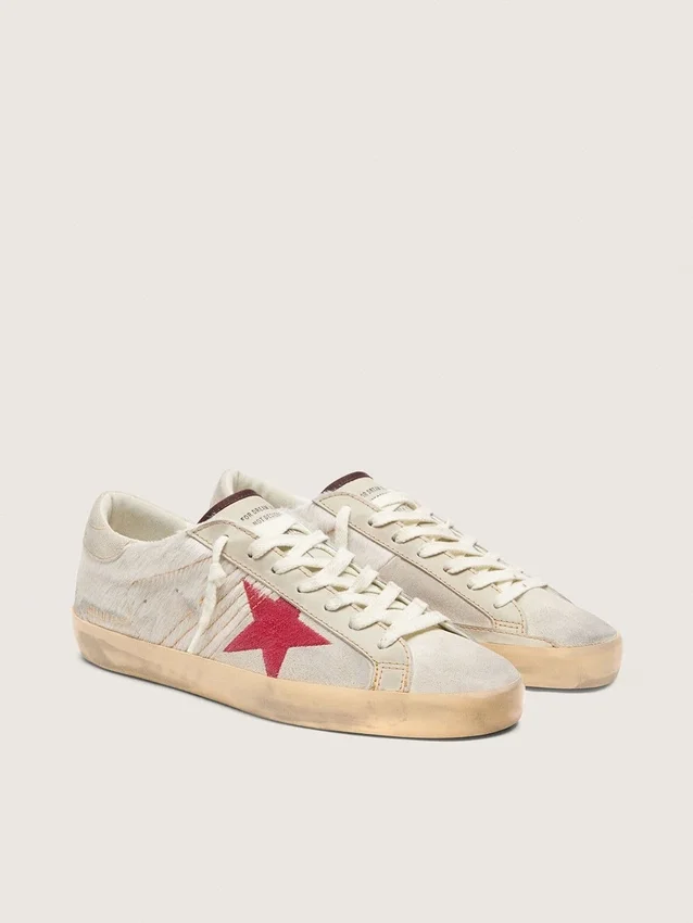 Super-Star LTD pour homme en cuir de poney blanc avec étoile en daim rouge
