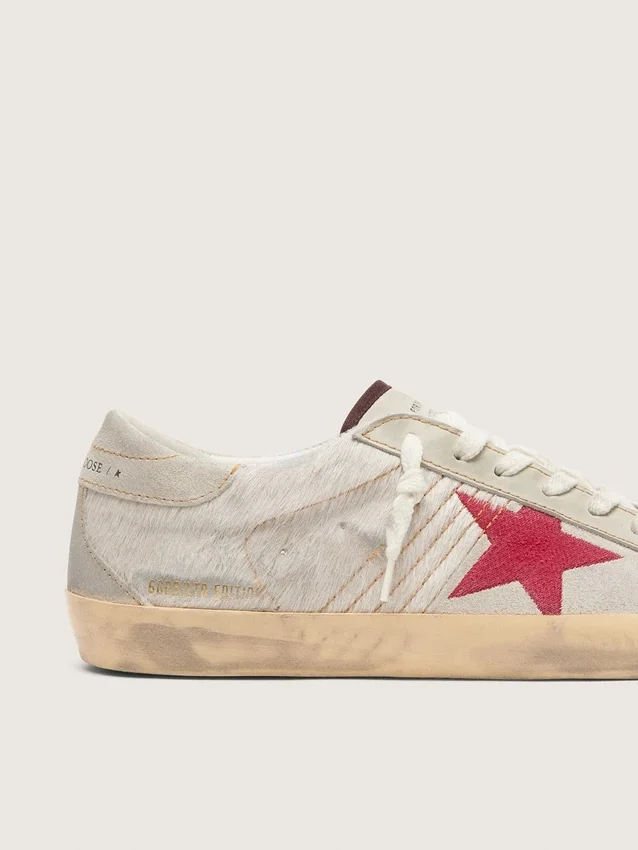 Super-Star LTD pour homme en cuir de poney blanc avec étoile en daim rouge