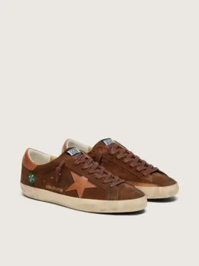 Super-Star LTD pour homme en daim marron avec étoile en cuir rouge brique et broderie aux perles vertes