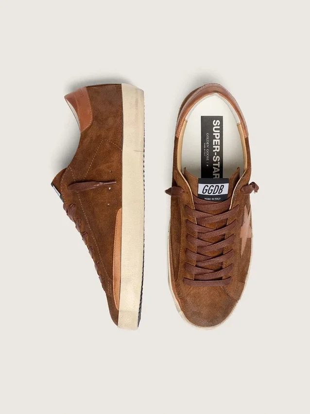 Super-Star LTD pour homme en daim marron avec étoile en cuir rouge brique et broderie aux perles vertes