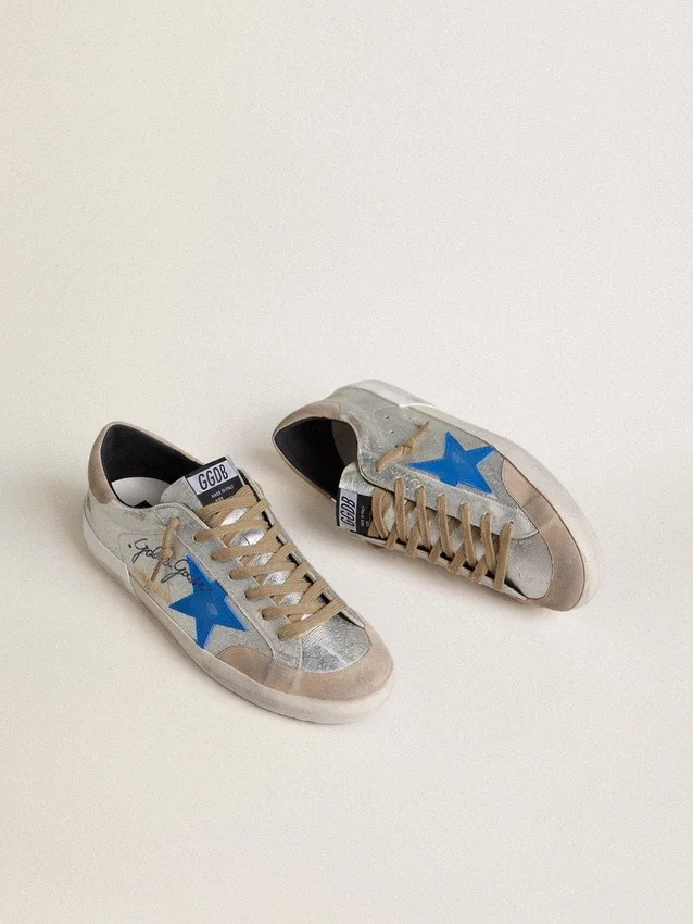 Super-Star LTD pour homme en daim métallisé argenté avec étoile en cuir et languette de talon en daim