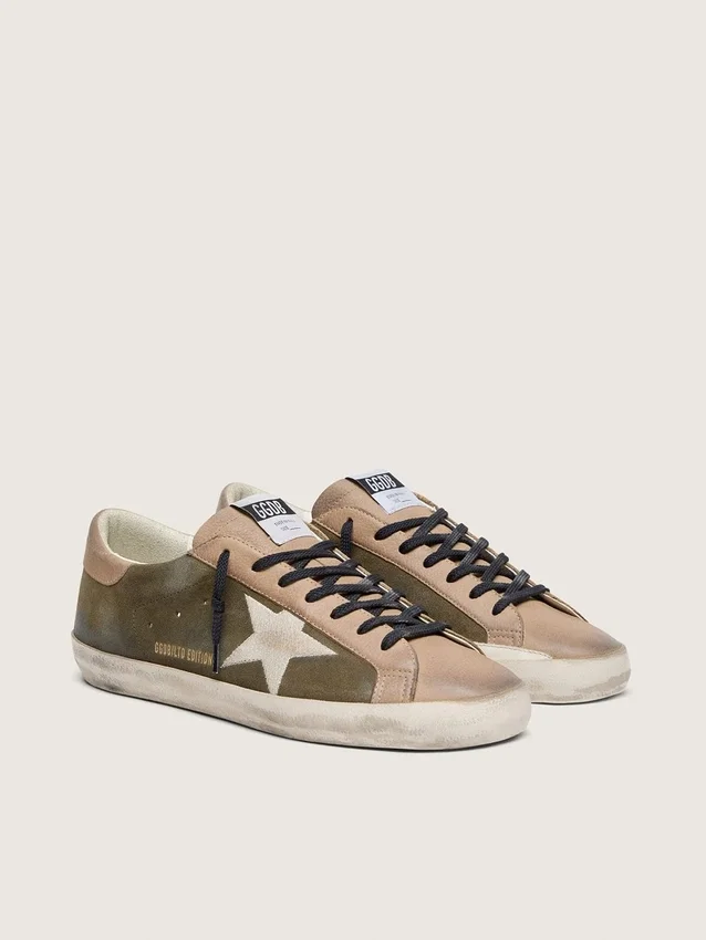 Super-Star LTD pour homme en daim vert olive avec étoile brodée couleur crème