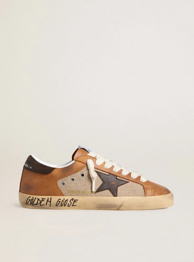 Super-Star LTD pour homme en laine beige avec étoile en cuir marron et empiècements camel