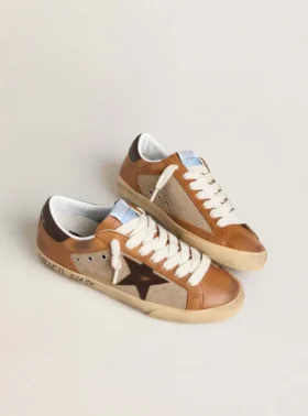 Super-Star LTD pour homme en laine beige avec étoile en cuir marron et empiècements camel