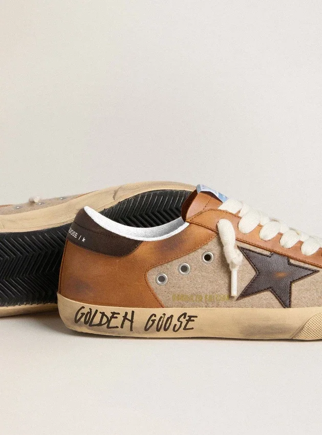 Super-Star LTD pour homme en laine beige avec étoile en cuir marron et empiècements camel
