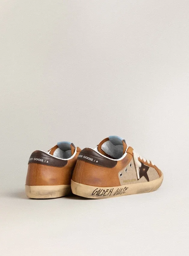 Super-Star LTD pour homme en laine beige avec étoile en cuir marron et empiècements camel